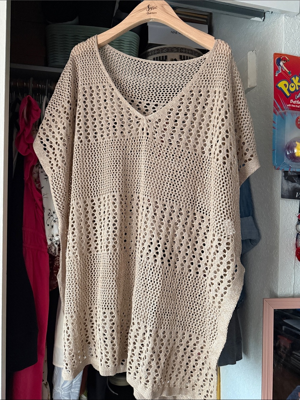 SHEIN Open-Knit V-Neck Tunic Sweater in Beige